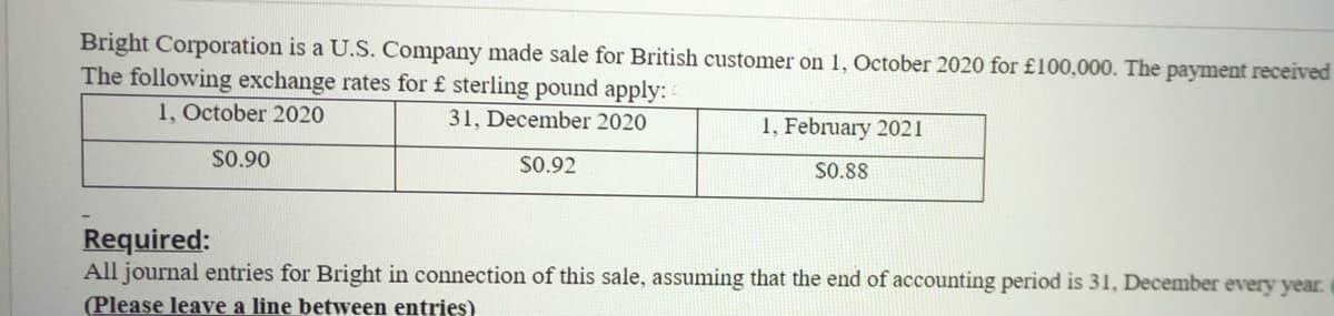 Bright Corporation is a U.S. Company made sale for British customer on 1, October 2020 for £100,000. The payment received
The following exchange rates for £ sterling pound apply:
1, October 2020
31, December 2020
1, February 2021
S0.90
S0.92
SO.88
Required:
All journal entries for Bright in connection of this sale, assuming that the end of accounting period is 31, December every year.
(Please leave a line between entries)
