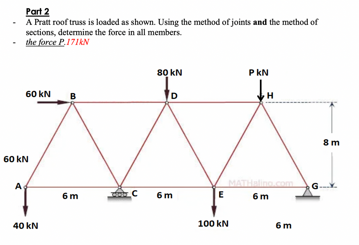 Part 2
A Pratt roof truss is loaded as shown. Using the method of joints and the method of
sections, determine the force in all members.
the force P.171kN
80 kN
P kN
60 kN
H
8 m
60 kN
A
G-
MATHalino.com
6 m
C
6 m
E
6 m
40 kN
100 kN
6 m
