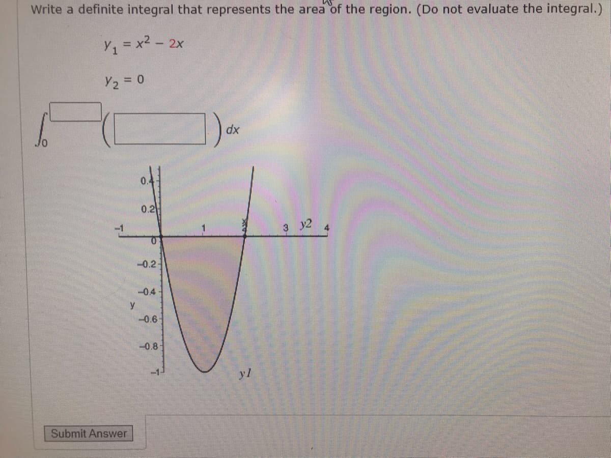 Write a definite integral that represents the area of the region. (Do not evaluate the integral.)
Y1= x2- 2x
Y2 = 0
0.2
-1
3 y2
-0.2-
-0.4
y
-0.6
-0.8-
-1-
yl
Submit Answer
