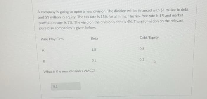 A company is going to open a new division. The division will be financed with $1 million in debt
and $3 million in equity. The tax rate is 15% for all firms. The risk-free rate is 1% and market
portfolio return is 7%. The yield on the division's debt is 4%. The information on the relevant
pure play companies is given below:
Pure Play Firm
A
B
Beta
5.2
1.5
0.8
What is the new division's WACC?
Debt/Equity
0.6
0.2