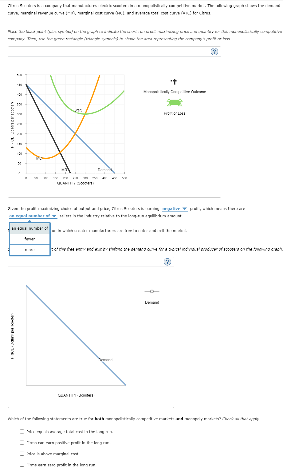 Citrus Scooters is a company that manufactures electric scooters in a monopolistically competitive market. The following graph shows the demand
curve, marginal revenue curve (MR), marginal cost curve (MC), and average total cost curve (ATC) for Citrus.
Place the black point (plus symbol) on the graph to indicate the short-run profit-maximizing price and quantity for this monopolistically competitive
company. Then, use the green rectangle (triangle symbols) to shade the area representing the company's profit or loss.
(?)
PRICE (Dollars per scooter)
500
450
PRICE (Dollars per scooter)
400
350
300
250
200
150
100
50
0
0
+ +
50
100
MC
an equal number of
fewer
more
ATC
Given the profit-maximizing choice of output and price, Citrus Scooters is earning negative profit, which means there are
an equal number of sellers in the industry relative to the long-run equilibrium amount.
MR
Demand
150 200 250 300 350 400 450 500
QUANTITY (Scooters)
run in which scooter manufacturers are free to enter and exit the market.
QUANTITY (Scooters)
ct of this free entry and exit by shifting the demand curve for a typical individual producer of scooters on the following graph.
Monopolistically Competitive Outcome
Demand
Price equals average total cost in the long run.
Firms can earn positive profit in the long run.
Price is above marginal cost.
Firms earn zero profit in the long run.
Profit or Loss
¦
Demand
Which of the following statements are true for both monopolistically competitive markets and monopoly markets? Check all that apply.
(?)