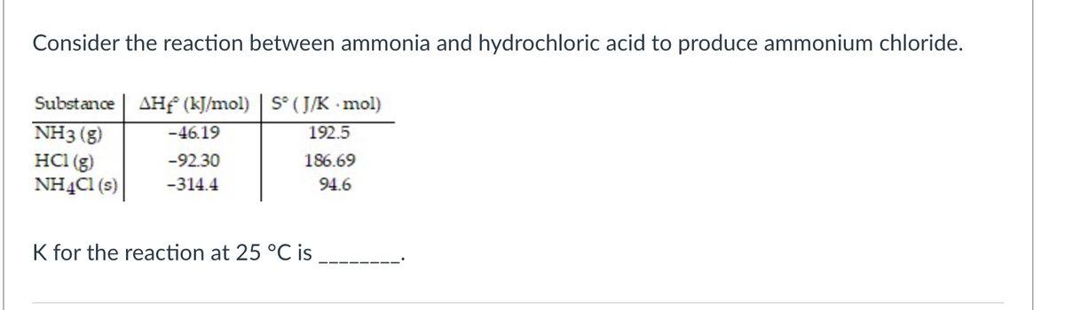 Consider the reaction between ammonia and hydrochloric acid to produce ammonium chloride.
Substance | AH (kJ/mol) | S° ( J/K mol)
NH3 (g)
HCl (g)
NHẠC1 (s)
-46.19
192.5
-92.30
186.69
-314.4
94.6
K for the reaction at 25 °C is
