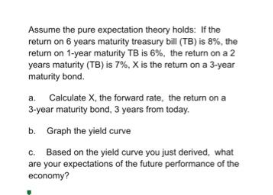 Assume the pure expectation theory holds: If the
return on 6 years maturity treasury bill (TB) is 8%, the
return on 1-year maturity TB is 6%, the return on a 2
years maturity (TB) is 7%, X is the return on a 3-year
maturity bond.
a. Calculate X, the forward rate, the return on a
3-year maturity bond, 3 years from today.
b.
Graph the yield curve
c. Based on the yield curve you just derived, what
are your expectations of the future performance of the
economy?
