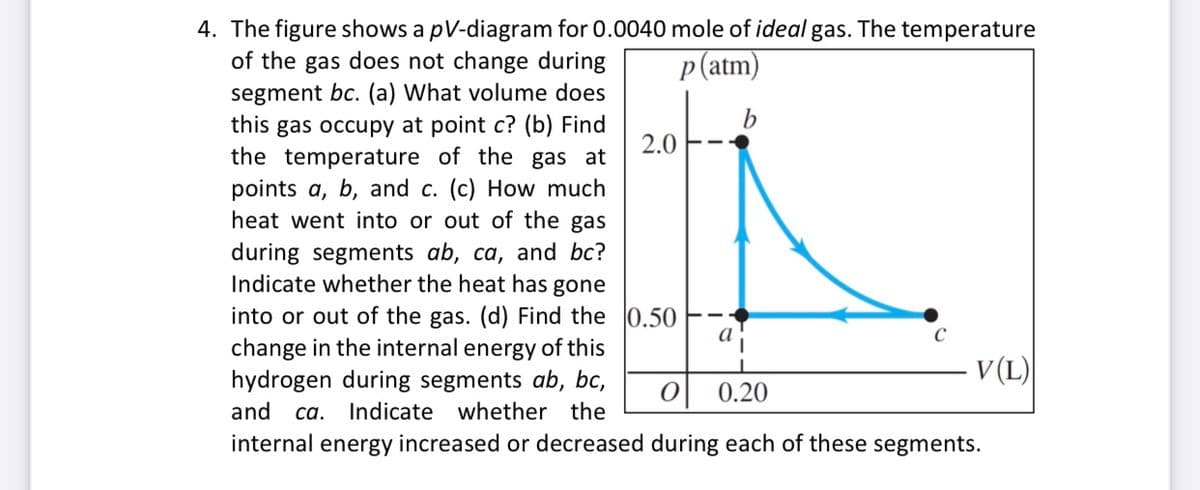 4. The figure shows a pV-diagram for 0.0040 mole of ideal gas. The temperature
of the gas does not change during
segment bc. (a) What volume does
this gas occupy at point c? (b) Find
the temperature of the gas at
points a, b, and c. (c) How much
heat went into or out of the gas
p (atm)
2.0
during segments ab, ca, and bc?
Indicate whether the heat has gone
into or out of the gas. (d) Find the 0.50
change in the internal energy of this
hydrogen during segments ab, bc,
а
V (L)
0.20
and
ca. Indicate whether the
internal energy increased or decreased during each of these segments.

