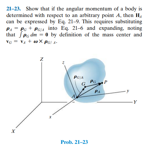 21-23. Show that if the angular momentum of a body is
determined with respect to an arbitrary point A, then H
can be expressed by Eq. 21-9. This requires substituting
PA = PG + PG/A into Eq. 21-6 and expanding, noting
that PG dm 0 by definition of the mass center and
=
VG = V₁ + @ X PG/ A-
X
Z
Z
PG|A
G
Prob. 21-23
PG P
PA
Y