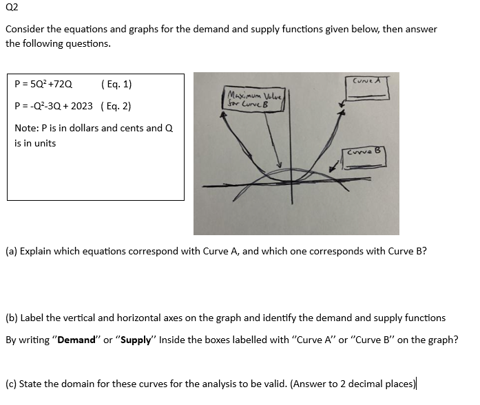 Q2
Consider the equations and graphs for the demand and supply functions given below, then answer
the following questions.
P = 5Q²+72Q (Eq. 1)
P = -Q²-3Q+ 2023 (Eq. 2)
Note: P is in dollars and cents and Q
is in units
Maximum Value
for Curve B
Curve A
Curve B
(a) Explain which equations correspond with Curve A, and which one corresponds with Curve B?
(b) Label the vertical and horizontal axes on the graph and identify the demand and supply functions
By writing "Demand" or "Supply" Inside the boxes labelled with "Curve A" or "Curve B" on the graph?
(c) State the domain for these curves for the analysis to be valid. (Answer to 2 decimal places)