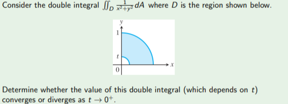 Consider the double integral , y dA where D is the region shown below.
Determine whether the value of this double integral (which depends on t)
converges or diverges as t → 0+.

