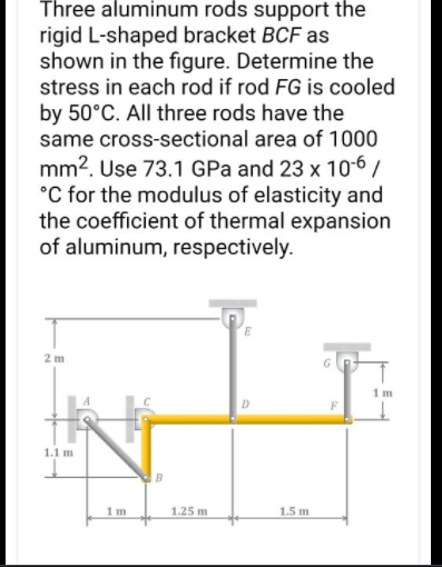 Three aluminum rods support the
rigid L-shaped bracket BCF as
shown in the figure. Determine the
stress in each rod if rod FG is cooled
by 50°C. All three rods have the
same cross-sectional area of 1000
mm2. Use 73.1 GPa and 23 x 10-6/
°C for the modulus of elasticity and
the coefficient of thermal expansion
of aluminum, respectively.
2 m
1 m
D
1.1 m
B.
1 m
1.25 m
1.5 m

