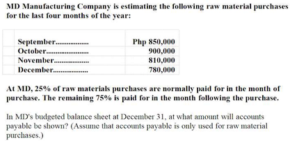 MD Manufacturing Company is estimating the following raw material purchases
for the last four months of the year:
September.
October.
November. .
December.
Php 850,000
900,000
810,000
780,000
At MD, 25% of raw materials purchases are normally paid for in the month of
purchase. The remaining 75% is paid for in the month following the purchase.
In MD's budgeted balance sheet at December 31, at what amount will accounts
payable be shown? (Assume that accounts payable is only used for raw material
purchases.)
