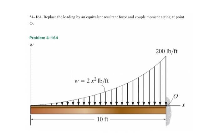 *4-164. Replace the loading by an equivalent resultant force and couple moment acting at point
O.
Problem 4-164
W
w = 2 x² lb/ft
10 ft
200 lb/ft