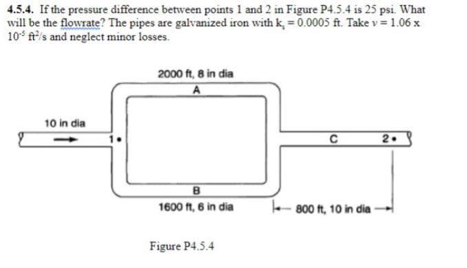 4.5.4. If the pressure difference between points 1 and 2 in Figure P4.5.4 is 25 psi. What
will be the flowrate? The pipes are galvanized iron with k, = 0.0005 ft. Take v = 1.06 x
105 ft/s and neglect minor losses.
10 in dia
2000 ft, 8 in dia
A
B
1600 ft, 6 in dia
Figure P4.5.4
C
800 ft, 10 in dia
2.