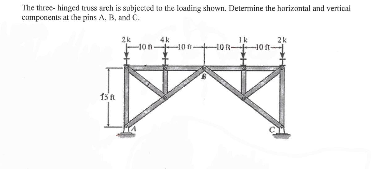 The three- hinged truss arch is subjected to the loading shown. Determine the horizontal and vertical
components at the pins A, B, and C.
15 ft
-10 fi.
-10 ft.
40 R-410 ft-
2k
