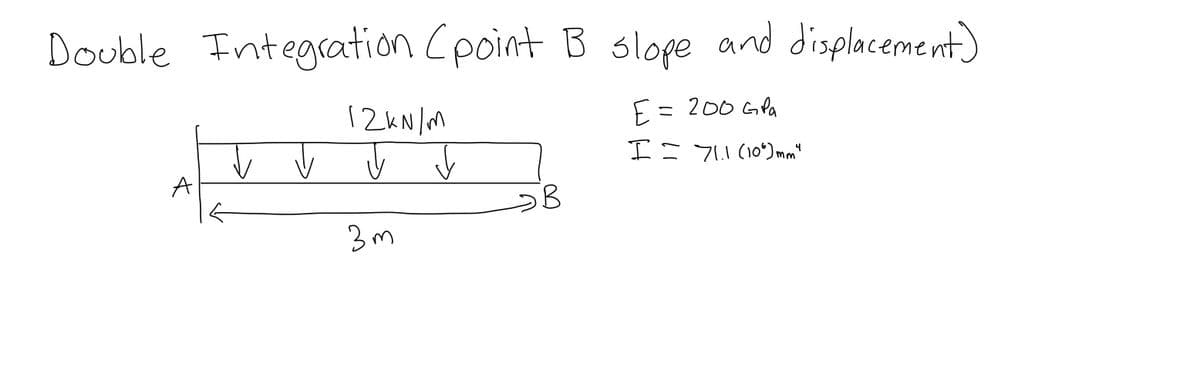 Double Integration (point B slope and displacement)
E = 200 GPa
I= 71.1 (106) mm"
12kN/m
J J
3m