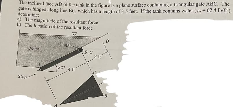 The inclined face AD of the tank in the figure is a plane surface containing a triangular gate ABC. The
gate is hinged along line BC, which has a length of 3.5 feet. If the tank contains water (/w = 62.4 lb/ft³),
determine:
a) The magnitude of the resultant force
b) The location of the resultant force
Stop
Water
Hinge
30° 4 ft
B, C
2 ft
B