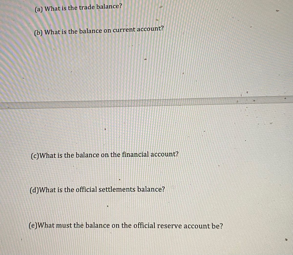 (a) What is the trade balance?
(b) What is the balance on current account?
(c)What is the balance on the financial account?
(d)What is the official settlements balance?
(e)What must thẻ balance on the official reserve account be?
