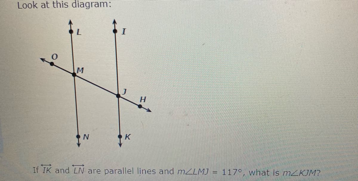 Look at this diagram:
H.
If IK and LN are parallel lines and MZLMJ = 117°, what is M2KJM?
