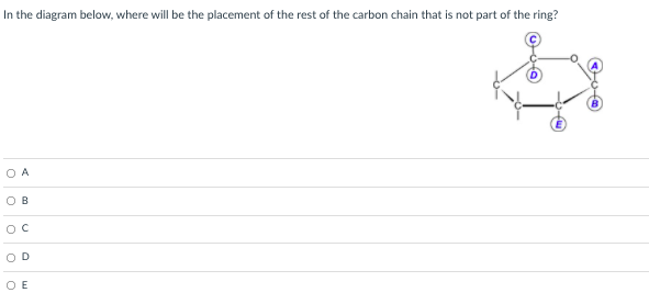 In the diagram below, where will be the placement of the rest of the carbon chain that is not part of the ring?
O A
O B
O D
O E
