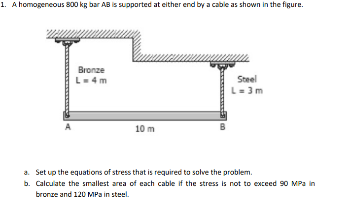 1. A homogeneous 800 kg bar AB is supported at either end by a cable as shown in the figure.
Bronze
L= 4 m
Steel
L = 3 m
10 m
a. Set up the equations of stress that is required to solve the problem.
b. Calculate the smallest area of each cable if the stress is not to exceed 90 MPa in
bronze and 120 MPa in steel.
