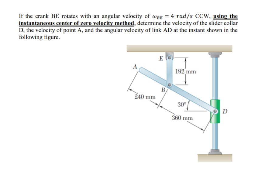 If the crank BE rotates with an angular velocity of wB = 4 rad/s CCW, using the
instantaneous center of zero velocity method, determine the velocity of the slider collar
D, the velocity of point A, and the angular velocity of link AD at the instant shown in the
following figure.
