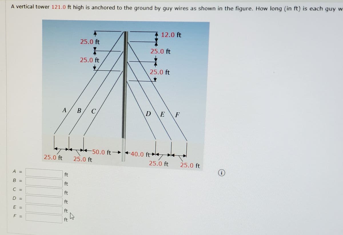 A vertical tower 121.0 ft high is anchored to the ground by guy wires as shown in the figure. How long (in ft) is each guy w
12.0 ft
25.0 ft
25.0 ft
25.0 ft
25.0 ft
B/ C
DEF
A
50.0 ft +40.0 ft
25.0 ft
25.0 ft
25.0 ft
25.0 ft
A =
ft
B =
ft
C =
ft
D =
ft
E =
ft
F =
ft
