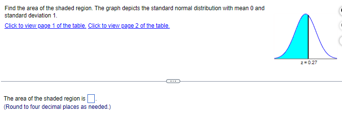 Find the area of the shaded region. The graph depicts the standard normal distribution with mean 0 and
standard deviation 1.
Click to view page 1 of the table. Click to view page 2 of the table.
The area of the shaded region is
(Round to four decimal places as needed.)
***
^
z = 0.27