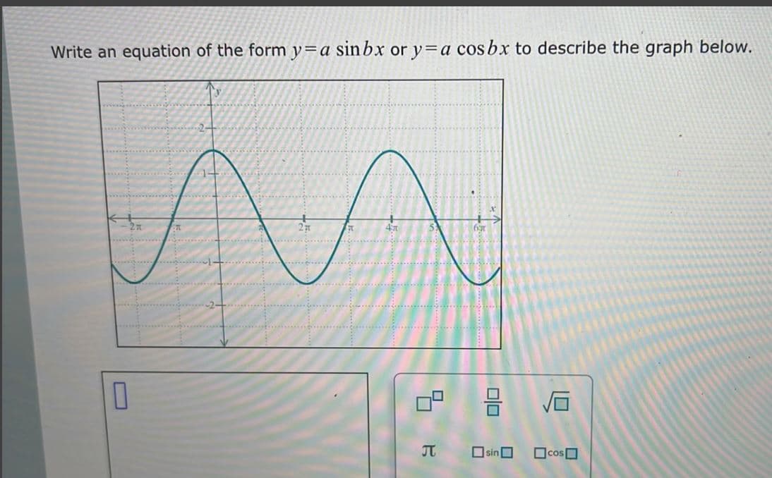 Write an equation of the form y=a sin bx or y=a cosbx to describe the graph below.
2π
2+
1+
2
4
5
πT
☐ sin☐
□ cos□