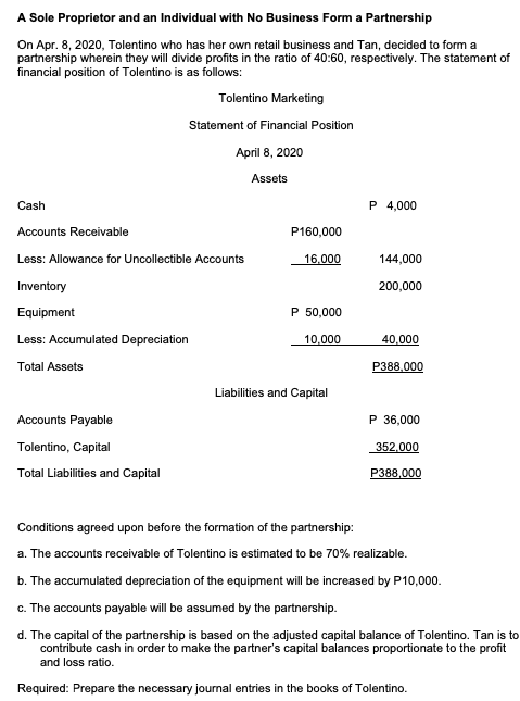 A Sole Proprietor and an Individual with No Business Form a Partnership
On Apr. 8, 2020, Tolentino who has her own retail business and Tan, decided to form a
partnership wherein they will divide profits in the ratio of 40:60, respectively. The statement of
financial position of Tolentino is as follows:
Tolentino Marketing
Statement of Financial Position
April 8, 2020
Assets
Cash
P 4,000
Accounts Receivable
P160,000
Less: Allowance for Uncollectible Accounts
16.000
144,000
Inventory
200,000
Equipment
P 50,000
Less: Accumulated Depreciation
10.000
40,000
Total Assets
P388,000
Liabilities and Capital
Accounts Payable
P 36,000
Tolentino, Capital
352.000
Total Liabilities and Capital
P388,000
Conditions agreed upon before the formation of the partnership:
a. The accounts receivable of Tolentino is estimated to be 70% realizable.
b. The accumulated depreciation of the equipment will be increased by P10,000.
c. The accounts payable will be assumed by the partnership.
d. The capital of the partnership is based on the adjusted capital balance of Tolentino. Tan is to
contribute cash in order to make the partner's capital balances proportionate to the profit
and loss ratio.
Required: Prepare the necessary journal entries in the books of Tolentino.
