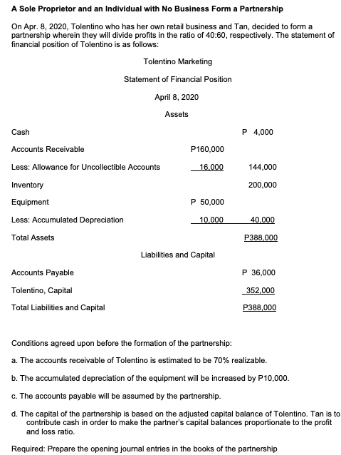 A Sole Proprietor and an Individual with No Business Form a Partnership
On Apr. 8, 2020, Tolentino who has her own retail business and Tan, decided to form a
partnership wherein they will divide profits in the ratio of 40:60, respectively. The statement of
financial position of Tolentino is as follows:
Tolentino Marketing
Statement of Financial Position
April 8, 2020
Assets
Cash
P 4,000
Accounts Receivable
P160,000
Less: Allowance for Uncollectible Accounts
16.000
144,000
Inventory
200,000
Equipment
P 50,000
Less: Accumulated Depreciation
10.000
40.000
Total Assets
P388,000
Liabilities and Capital
Accounts Payable
P 36,000
Tolentino, Capital
352,000
Total Liabilities and Capital
P388,000
Conditions agreed upon before the formation of the partnership:
a. The accounts receivable of Tolentino is estimated to be 70% realizable.
b. The accumulated depreciation of the equipment will be increased by P10,000.
c. The accounts payable will be assumed by the partnership.
d. The capital of the partnership is based on the adjusted capital balance of Tolentino. Tan is to
contribute cash in order to make the partner's capital balances proportionate to the profit
and loss ratio.
Required: Prepare the opening journal entries in the books of the partnership
