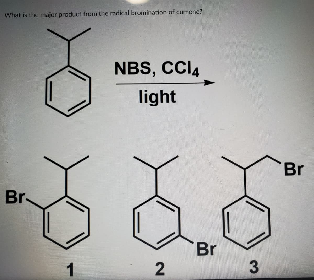 What is the major product from the radical bromination of cumene?
NBS, CCI4
light
Br
Br
Br
1
2]
