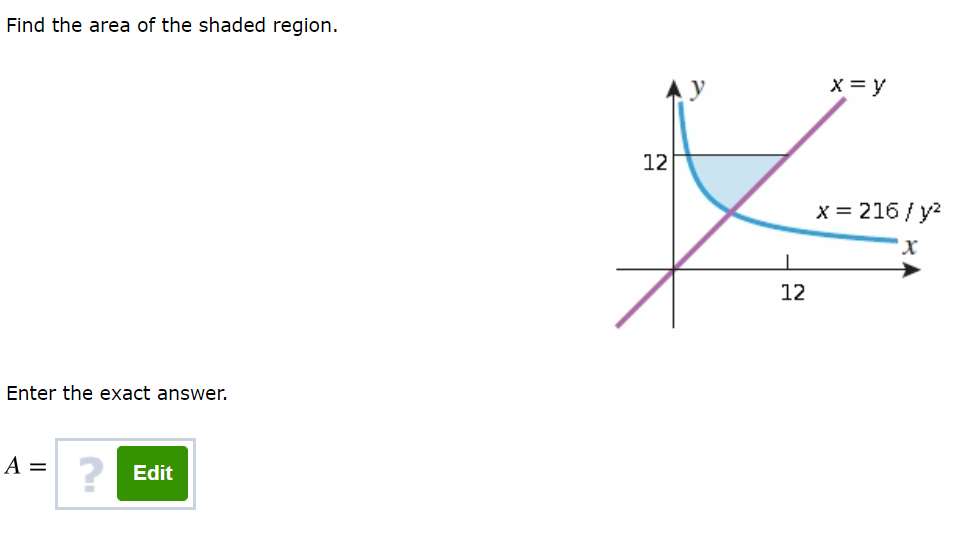 Find the area of the shaded region.
x = y
12
x = 216 / y?
12
Enter the exact answer.
A =
? Edit

