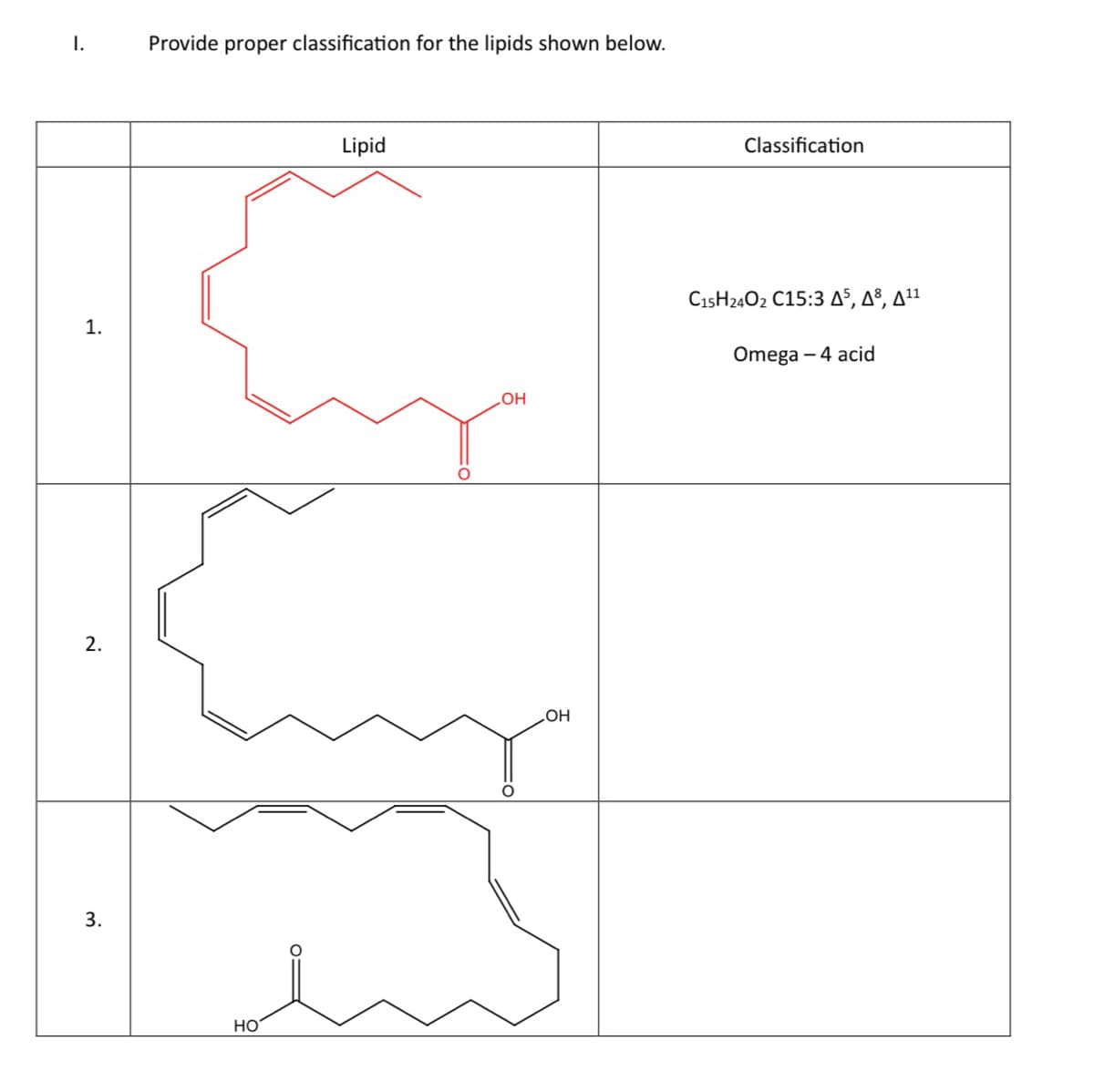 I.
1.
2.
3.
Provide proper classification for the lipids shown below.
HO
01
Lipid
OH
OH
Classification
C15H2402 C15:3 A5, 4³, 4¹1
Omega - 4 acid