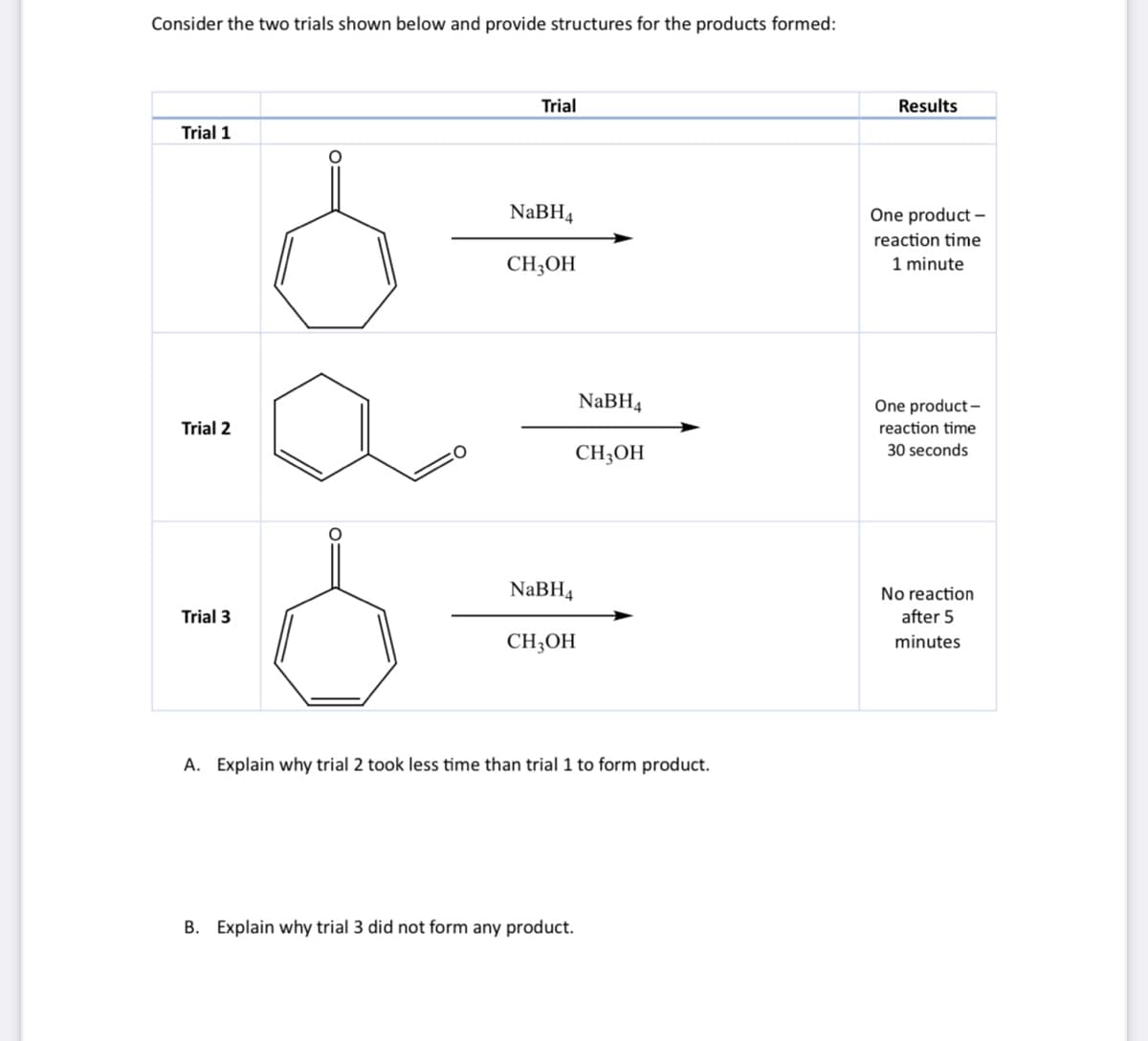 Consider the two trials shown below and provide structures for the products formed:
Trial 1
Trial 2
Trial 3
Trial
NaBH4
CH3OH
NaBH4
CH3OH
NaBH4
CH3OH
A. Explain why trial 2 took less time than trial 1 to form product.
B. Explain why trial 3 did not form any product.
Results
One product-
reaction time
1 minute
One product-
reaction time
30 seconds
No reaction
after 5
minutes