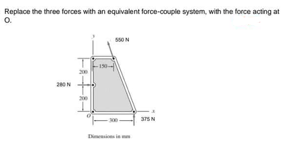 Replace the three forces with an equivalent force-couple system, with the force acting at
O.
280 N
200
200
-150-
550 N
-300-
Dimensions in mm
375 N