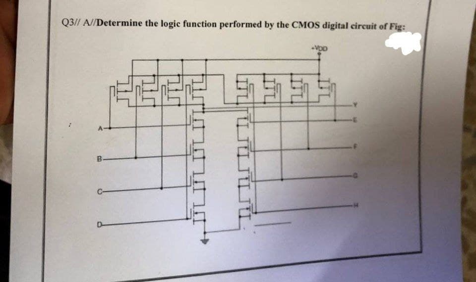 Q3// A//Determine the logic function performed by the CMOS digital circuit of Fig:
-VOD
B
யயர்