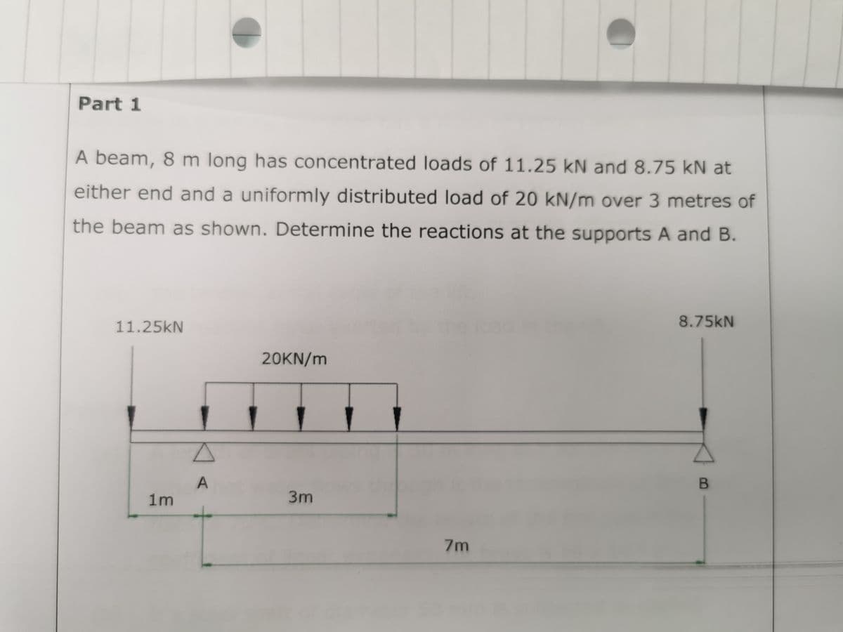 Part 1
A beam, 8 m long has concentrated loads of 11.25 kN and 8.75 kN at
either end and a uniformly distributed load of 20 kN/m over 3 metres of
the beam as shown. Determine the reactions at the supports A and B.
11.25KN
1m
A
A
20KN/m
3m
7m
8.75kN
B