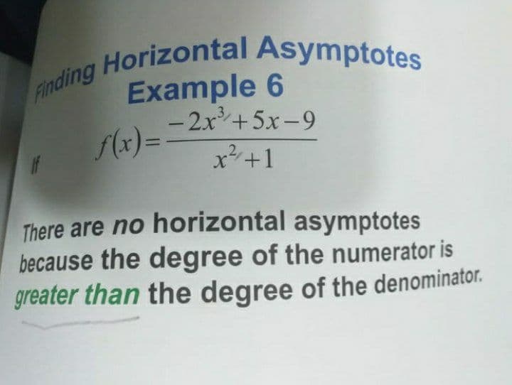 Horizontal Asymptotes
Finding
Example 6
- 2x+5x-9
(x)=
If
x+1
There are no horizontal asymptotes
because the degree of the numerator is
greater than the degree of the denominator.
