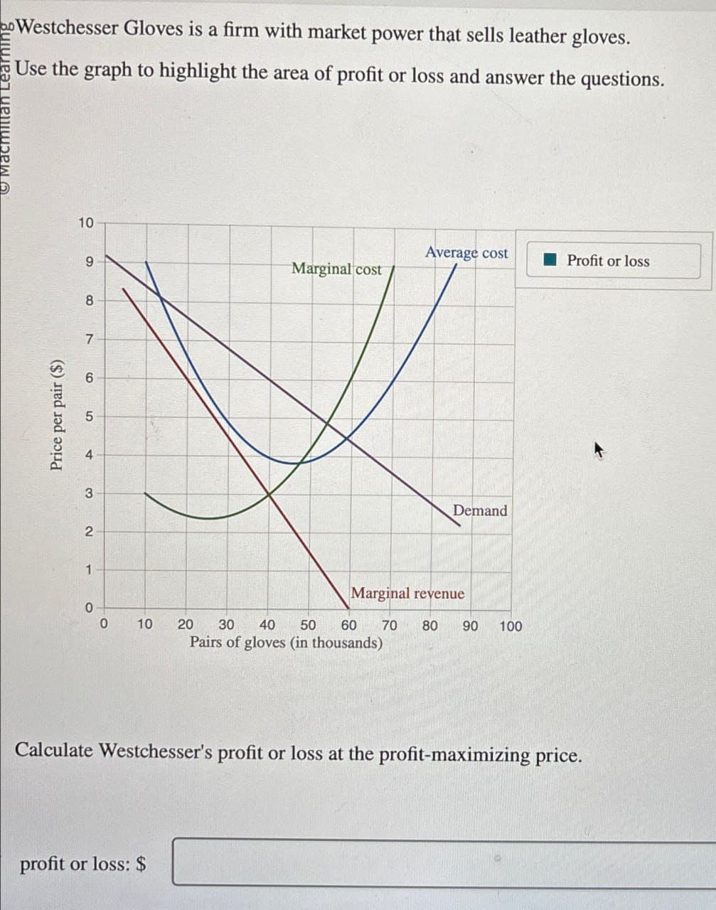 Macmillan Learning
Westchesser Gloves is a firm with market power that sells leather gloves.
Use the graph to highlight the area of profit or loss and answer the questions.
Price per pair ($)
1
2
3
4
5
6
7
10
Average cost
6
Profit or loss
Marginal cost
8
Demand
Marginal revenue
0
0
10
20 30 40 50 60 70 80 90
100
Pairs of gloves (in thousands)
Calculate Westchesser's profit or loss at the profit-maximizing price.
profit or loss: $