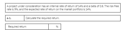 A project under consideration has an internal rate of return of 14% and a beta of 0.6. The risk-free
rate is 99%, and the expected rate of return on the market portfolio is 14%.
a-1.
Calculate the required return.
Required return
96

