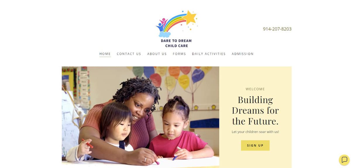 MODELLIGE
HOME CONTACT US
DARE TO DREAM
CHILD CARE
FORMS
ABOUT US
DAILY ACTIVITIES
ADMISSION
914-207-8203
WELCOME
Building
Dreams for
the Future.
Let your children soar with us!
SIGN UP
