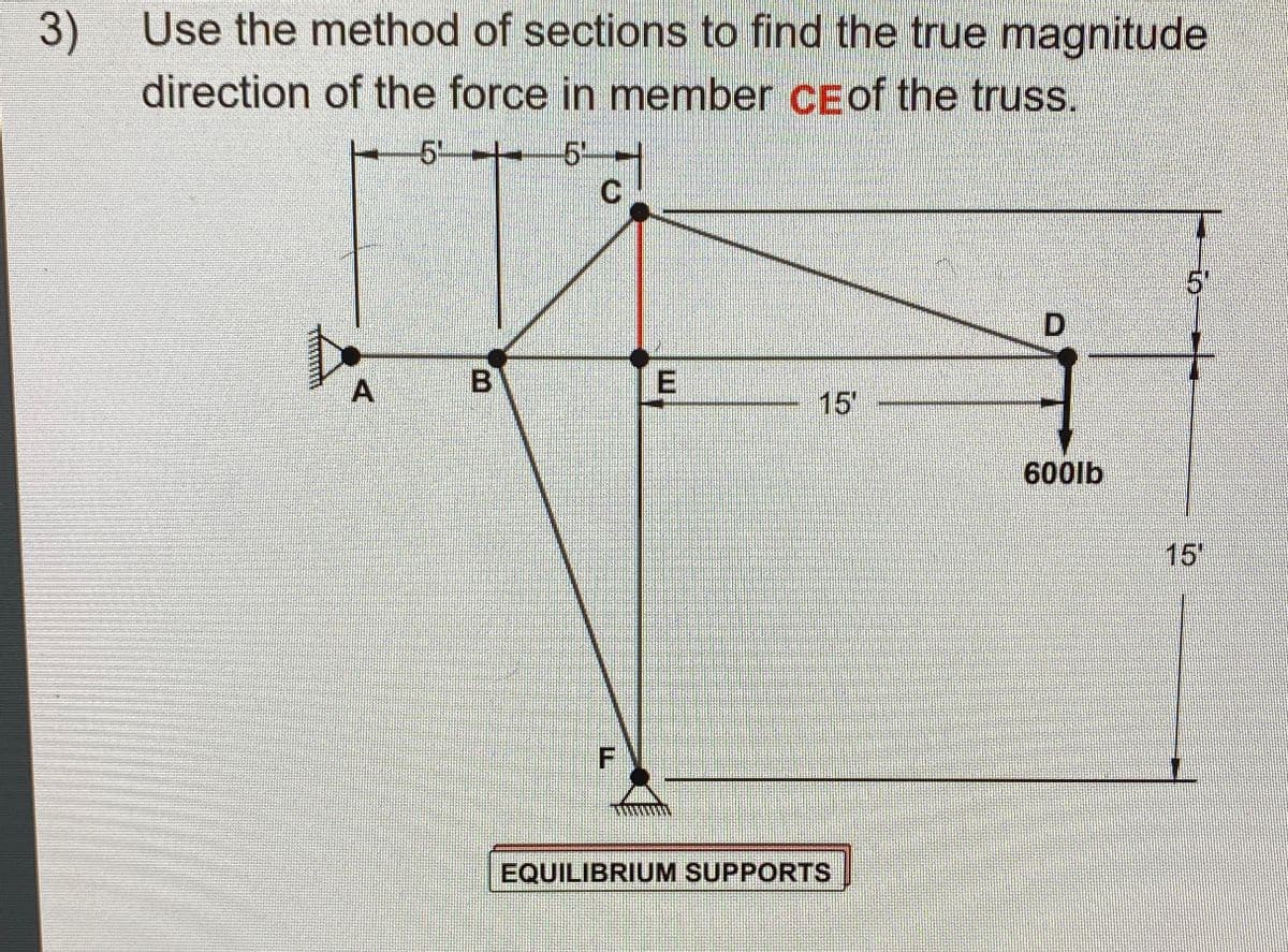 3)
Use the method of sections to find the true magnitude
direction of the force in member CE of the truss.
5
5
C
4
A
B
00
F
E
5
D
15
600lb
15'
EQUILIBRIUM SUPPORTS