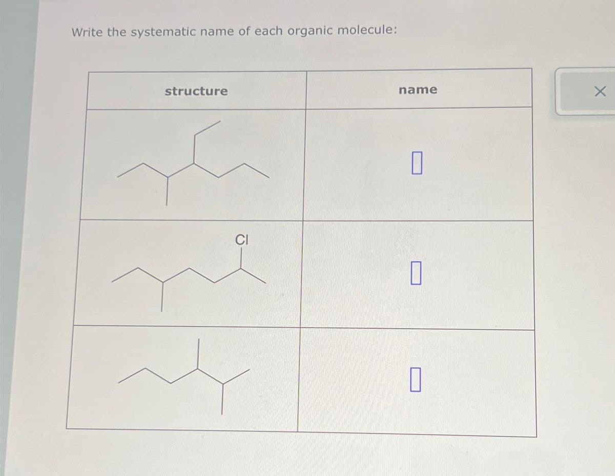 Write the systematic name of each organic molecule:
structure
CI
name
0
0
П
X