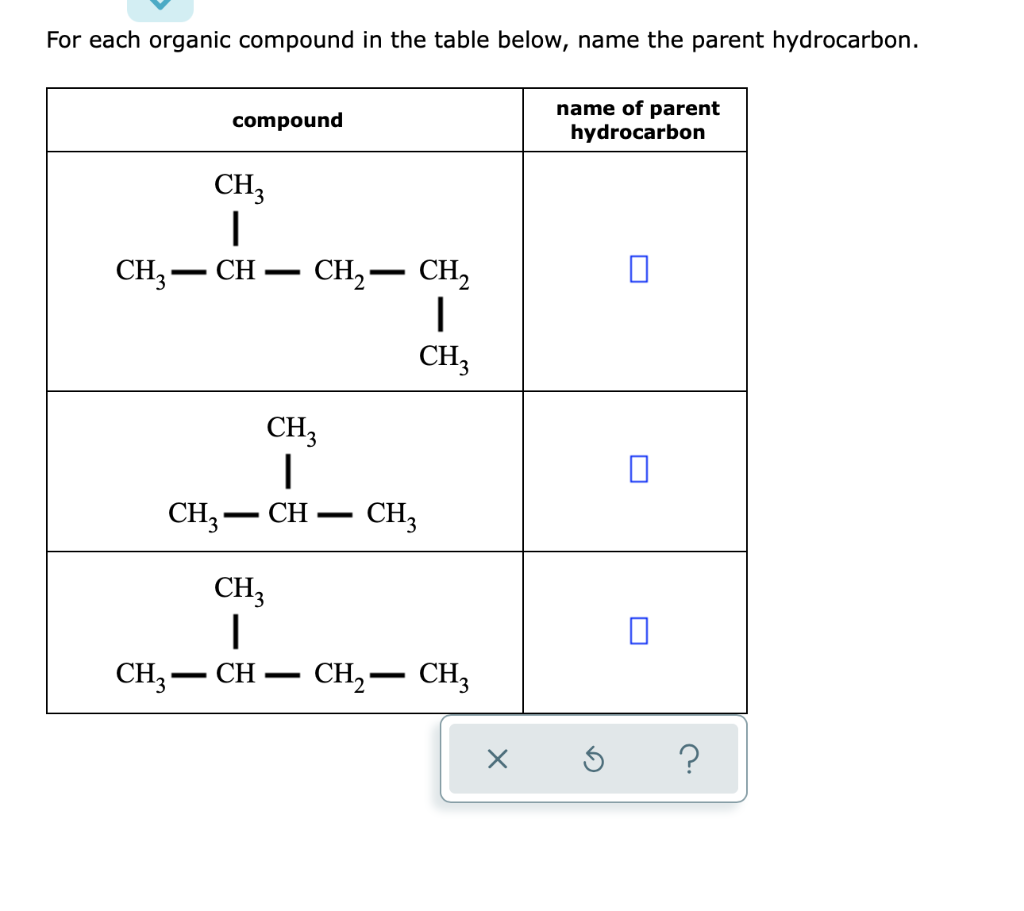 For each organic compound in the table below, name the parent hydrocarbon.
compound
CH3
I
CH3-CH-
CH₂ - CH₂
I
CH3
CH3
I
CH3- CH
CH3
I
CH₂ - CH
CH3
CH₂ - CH3
X
name of parent
hydrocarbon
?