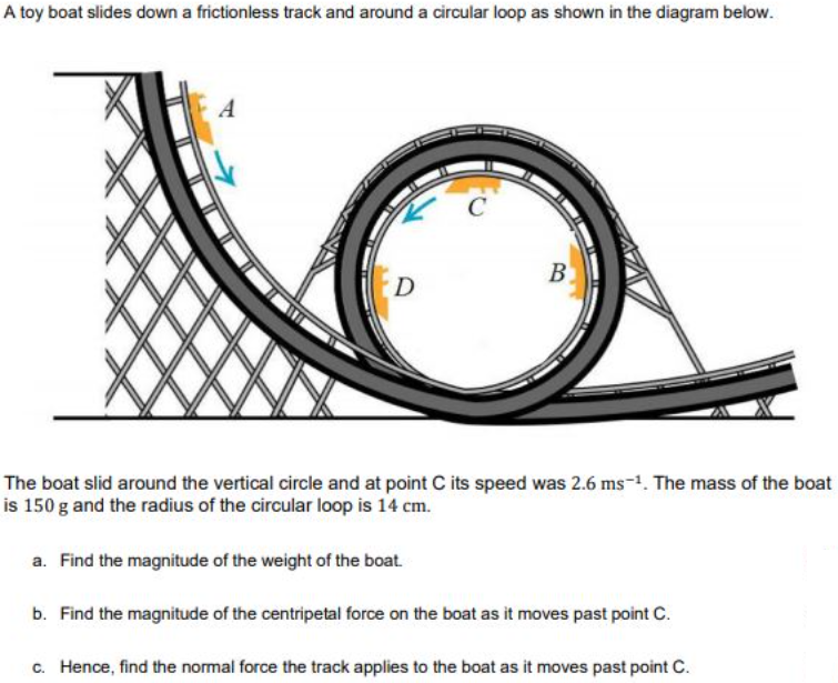 A toy boat slides down a frictionless track and around a circular loop as shown in the diagram below.
A
C
B
D
The boat slid around the vertical circle and at point C its speed was 2.6 ms-1. The mass of the boat
is 150 g and the radius of the circular loop is 14 cm.
a. Find the magnitude of the weight of the boat.
b. Find the magnitude of the centripetal force on the boat as it moves past point C.
c. Hence, find the normal force the track applies to the boat as it moves past point C.
