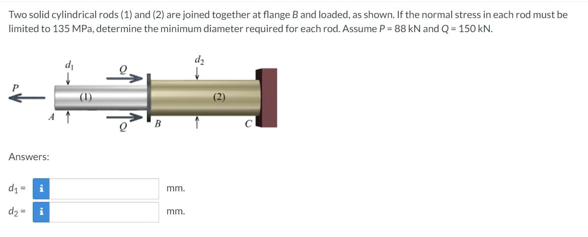 Two solid cylindrical rods (1) and (2) are joined together at flange B and loaded, as shown. If the normal stress in each rod must be
limited to 135 MPa, determine the minimum diameter required for each rod. Assume P = 88 kN andQ = 150 kN.
d2
di
B
Answers:
d =
i
mm.
d2 =
i
mm.
