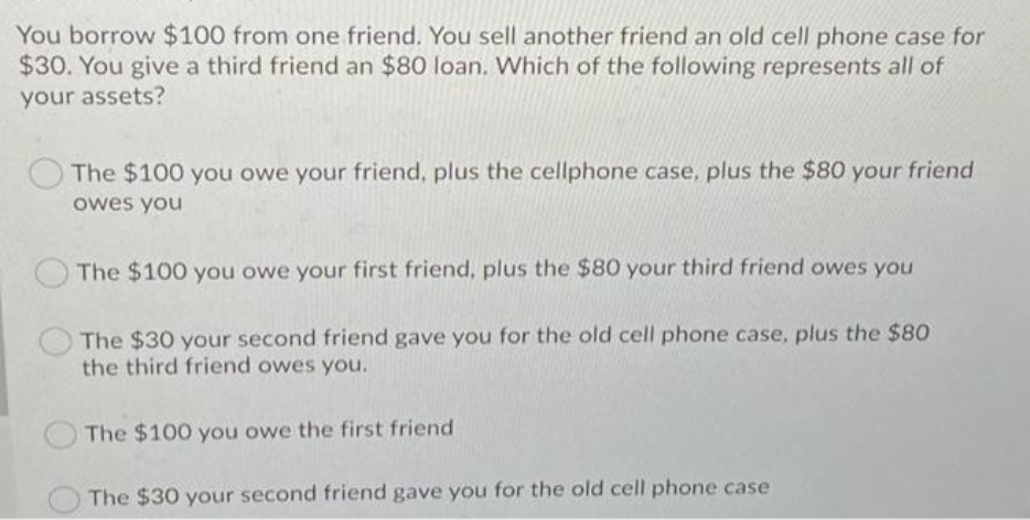 You borrow $100 from one friend. You sell another friend an old cell phone case for
$30. You give a third friend an $80 loan. Which of the following represents all of
your assets?
The $100 you owe your friend, plus the cellphone case, plus the $80 your friend
owes you
The $100 you owe your first friend, plus the $80 your third friend owes you
The $30 your second friend gave you for the old cell phone case, plus the $80
the third friend owes you.
The $100 you owe the first friend
The $30 your second friend gave you for the old cell phone case

