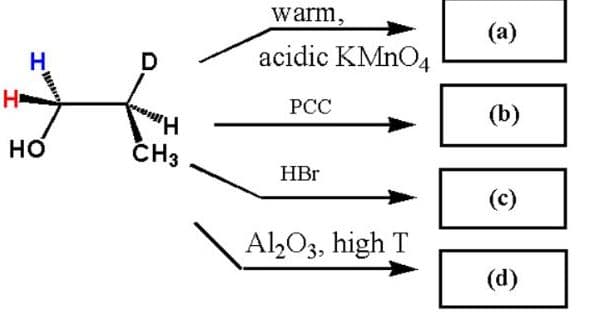 warm,
(a)
acidic KMNO4
РСС
(b)
но
CH3
HBr
(c)
Al,O3, high T
(d)

