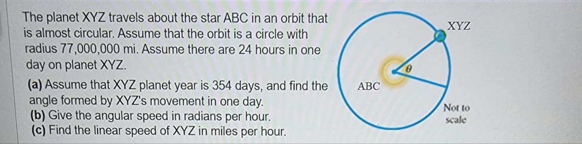 The planet XYZ travels about the star ABC in an orbit that
is almost circular. Assume that the orbit is a circle with
radius 77,000,000 mi. Assume there are 24 hours in one
day on planet XYZ.
XYZ
(a) Assume that XYZ planet year is 354 days, and find the
angle formed by XYZ's movement in one day.
(b) Give the angular speed in radians per hour.
(c) Find the linear speed of XYZ in miles per hour.
АВС
Not to
scale
