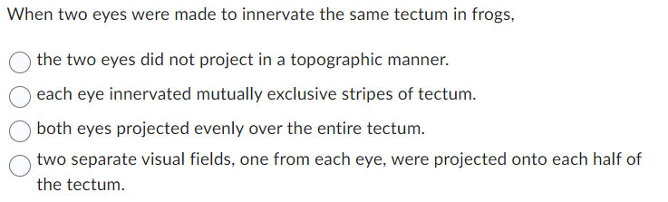 When two eyes were made to innervate the same tectum in frogs,
the two eyes did not project in a topographic manner.
each eye innervated mutually exclusive stripes of tectum.
both eyes projected evenly over the entire tectum.
two separate visual fields, one from each eye, were projected onto each half of
the tectum.