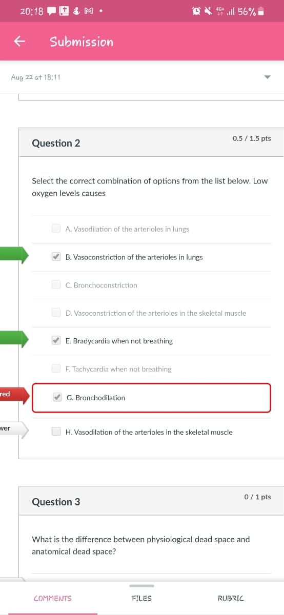 20:18 E & M •
O X 46+ ll 56%
Submission
Aug 22 at 18:11
0.5 / 1.5 pts
Question 2
Select the correct combination of options from the list below. Low
oxygen levels causes
O A. Vasodilation of the arterioles in lungs
B. Vasoconstriction of the arterioles in lungs
O C. Bronchoconstriction
O D. Vasoconstriction of the arterioles in the skeletal muscle
V E. Bradycardia when not breathing
O F. Tachycardia when not breathing
red
G. Bronchodilation
wer
H. Vasodilation of the arterioles in the skeletal muscle
0/1 pts
Question 3
What is the difference between physiological dead space and
anatomical dead space?
COMMENTS
FILES
RUBRIC
