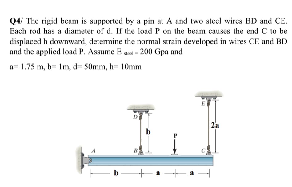Q4/ The rigid beam is supported by a pin at A and two steel wires BD and CE.
Each rod has a diameter of d. If the load P on the beam causes the end C to be
displaced h downward, determine the normal strain developed in wires CE and BD
and the applied load P. Assume E steel = 200 Gpa and
a= 1.75 m, b= 1m, d= 50mm, h= 10mm
E
D
2a
b
B
b
a
a
